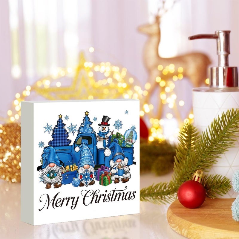 FXEFXE Blue Christmas Decorations, Christmas Gnomes Decorations Indoor, Snowman Snowflake Sign Gift for Women Friends, Rustic Wooden Box Sign for Home Shelf Office Bedroom Desk Decor 5x5 Inches - Image 5